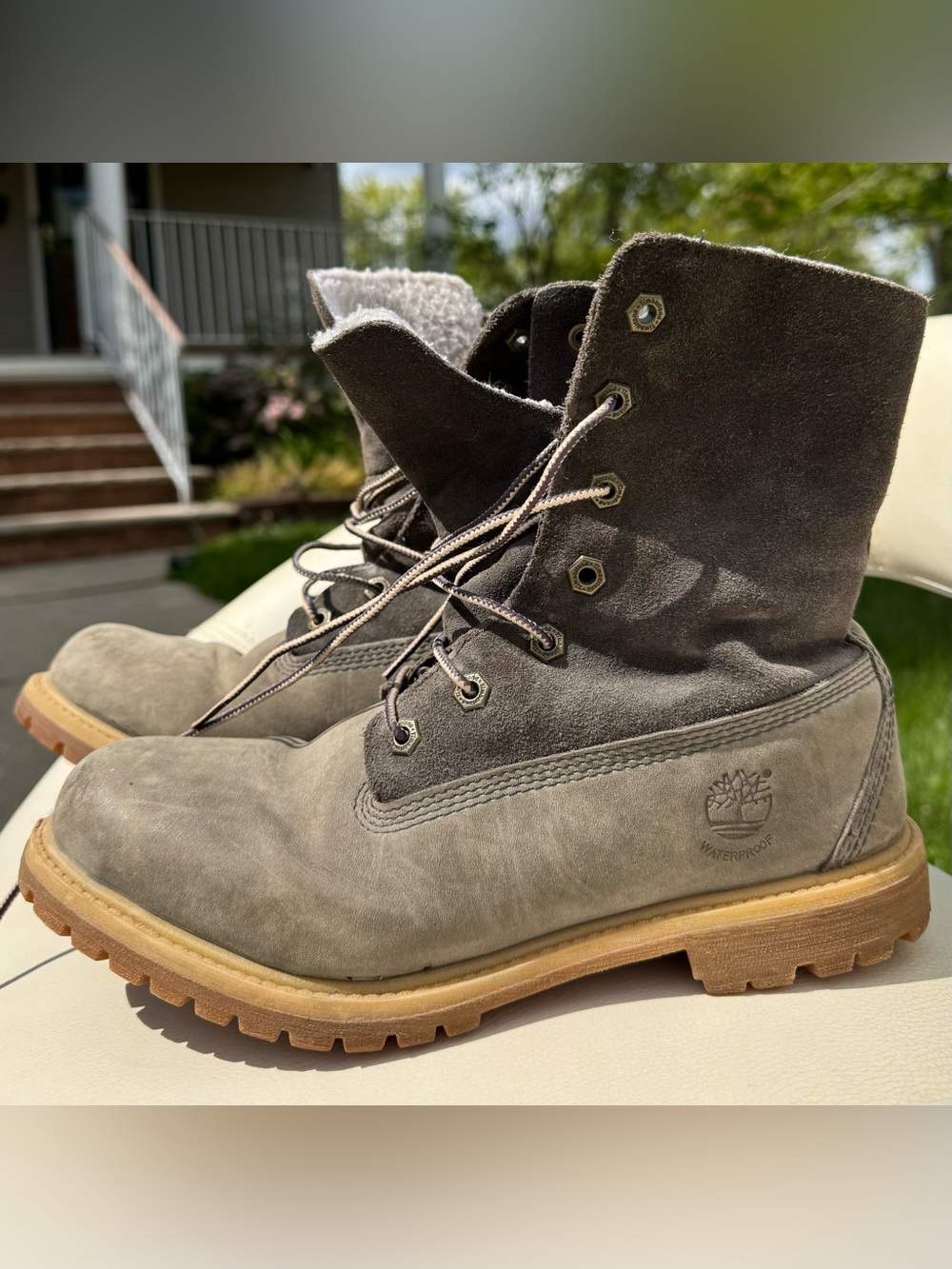 Timberland Women's Authentic Teddy Fleece Waterproof Fold-Down Boots in Grey 8.5
